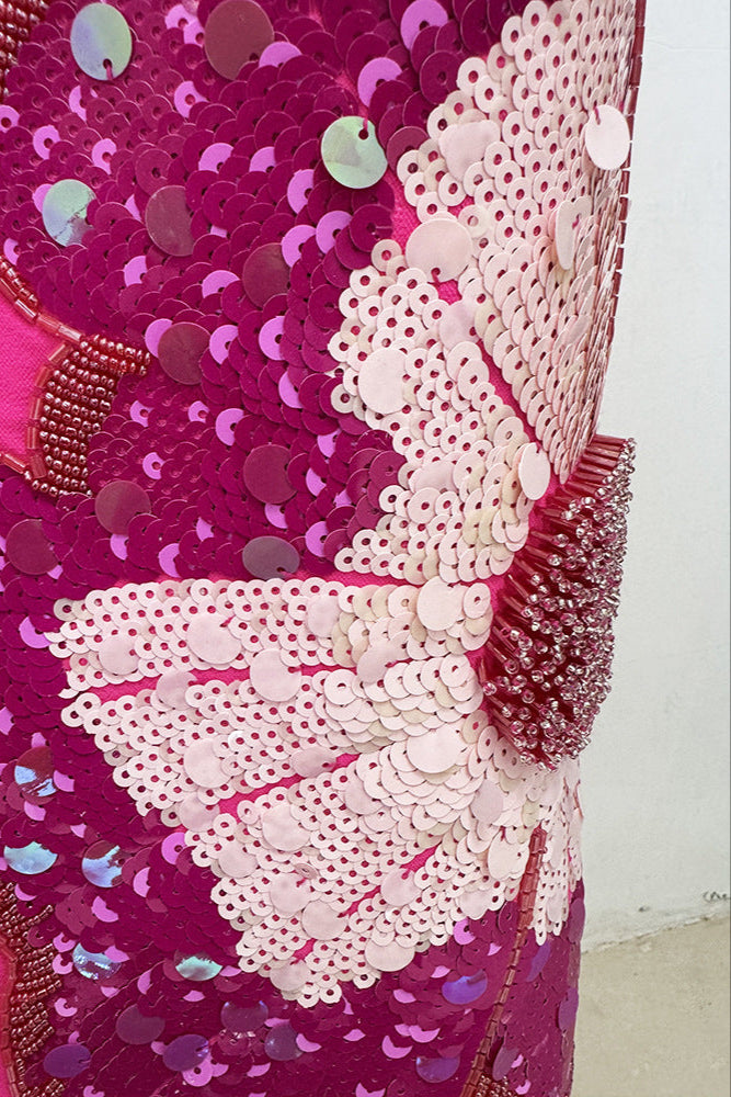 Flowering Girl Women Sequin Flower Embellished Puff Sleeve Midi Dress In Pink