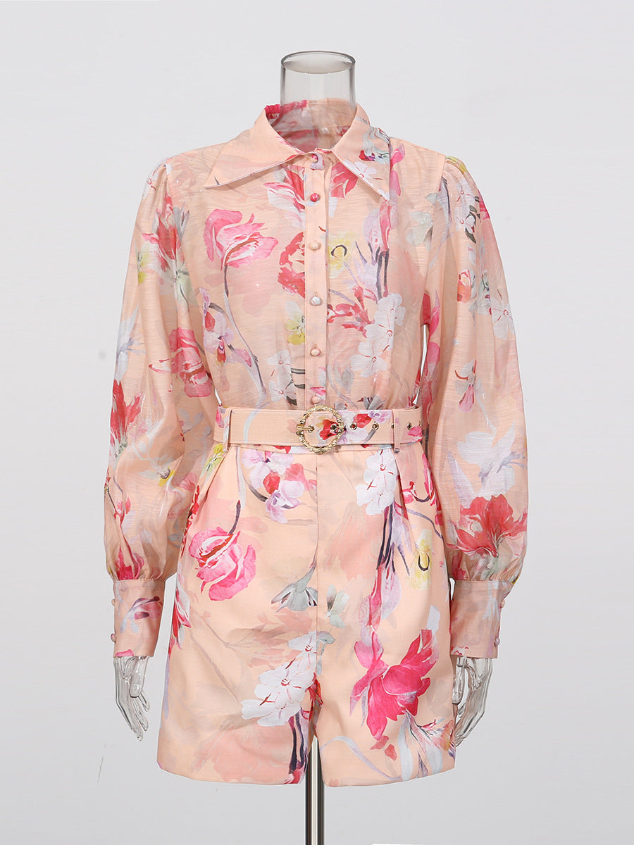 Flowering Girl Women Orange Jenny Floral Printed Shirt Shorts Set