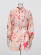 Flowering Girl Women Orange Jenny Floral Printed Shirt Shorts Set
