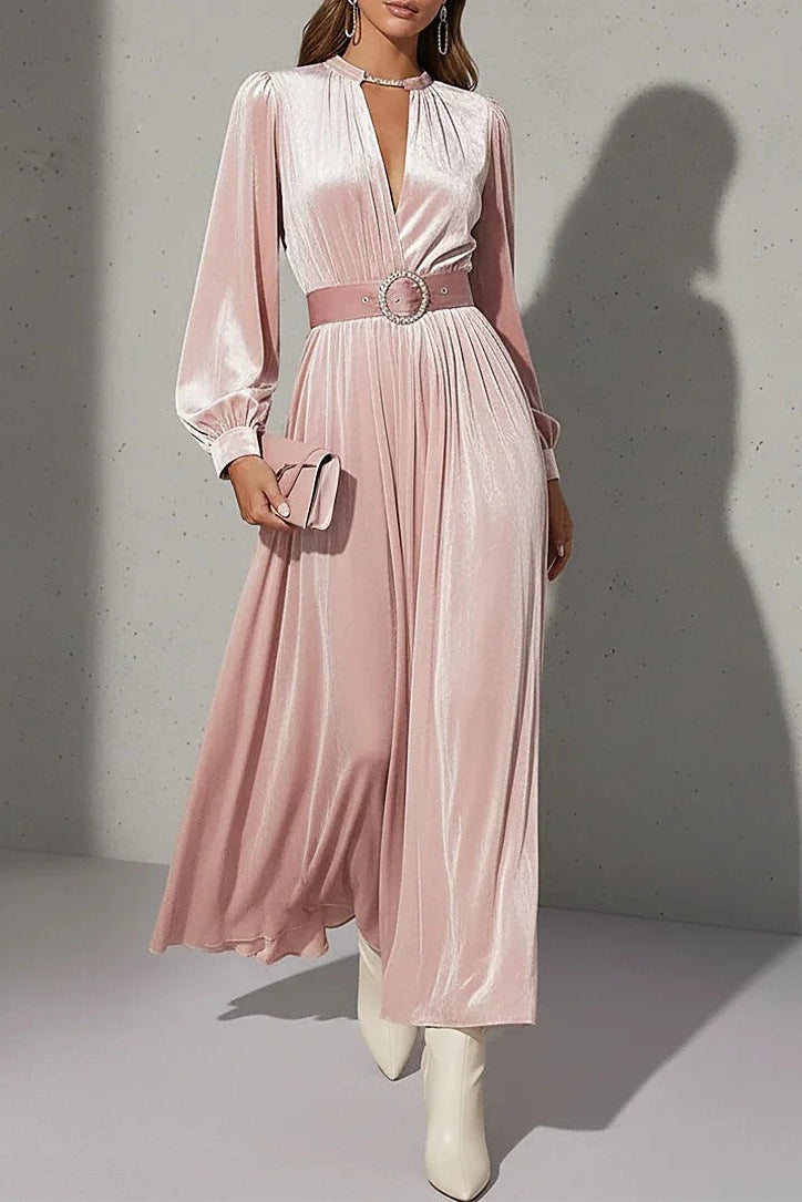 Flowering Girl Women pink V-neck gold velvet maxi dress