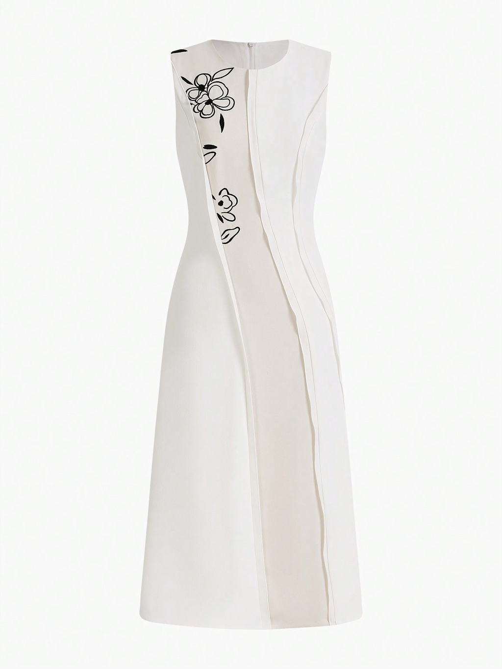 White & Beige Color-Block Floral Embroidered Sleeveless Midi Dress