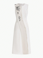 White & Beige Color-Block Floral Embroidered Sleeveless Midi Dress