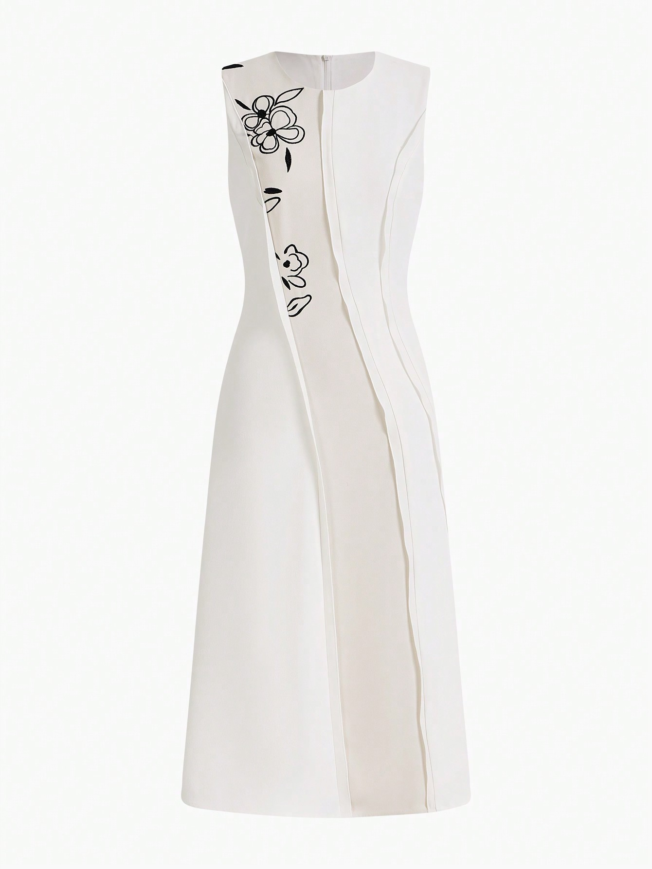 White & Beige Color-Block Floral Embroidered Sleeveless Midi Dress