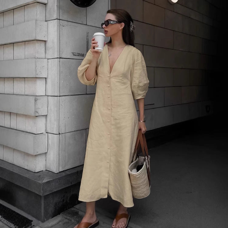 Flowering Girl Women Loose-fitting puff sleeve V-neck cotton linen midi dress