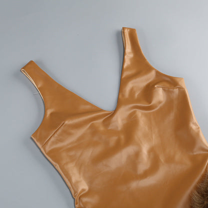 ashley v-neck leather fur trim mini dress in brown