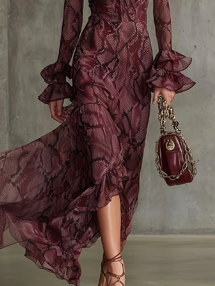 Flowering Girl Women flared sleeve tether V-neck dress long sleeve maxi dress