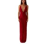 Flowering Girl Women Lace-up long dress with open back and spaghetti straps - red