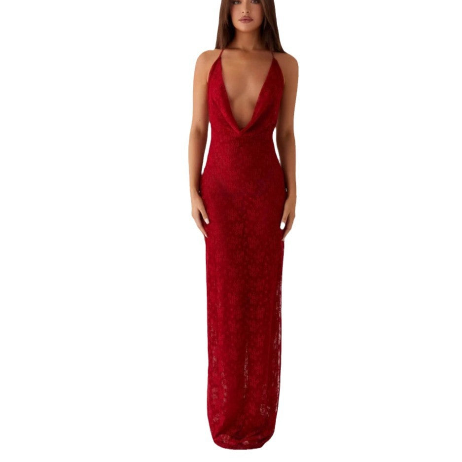 Flowering Girl Women Lace-up long dress with open back and spaghetti straps - red