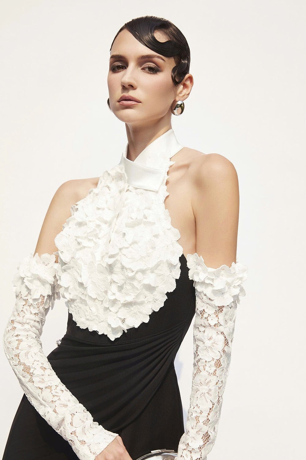 jenny Halter-neck 3d flower embroidery backless maxi dress - black