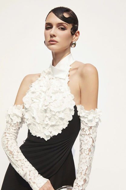 jenny Halter-neck 3d flower embroidery backless maxi dress - black