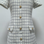 Flowering Girl Women Decorative Buttons Check Mini Dress In White