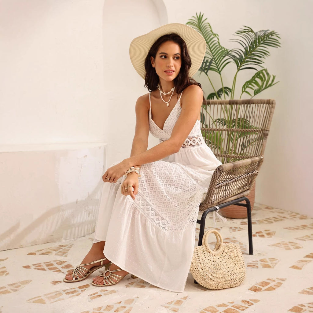 Flowering Girl Women white lace vacation pure cotton slip maxi dress