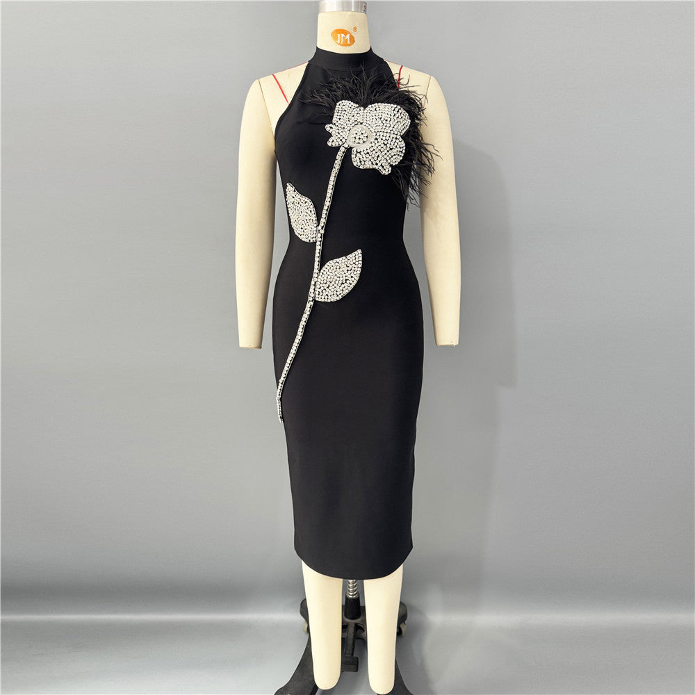 Beatrice Flower Rhinestone Feather Halter Midi Dress In Black