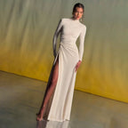 Rita Metallic Double Ball Long-Sleeve High-Slit Maxi Dress In White