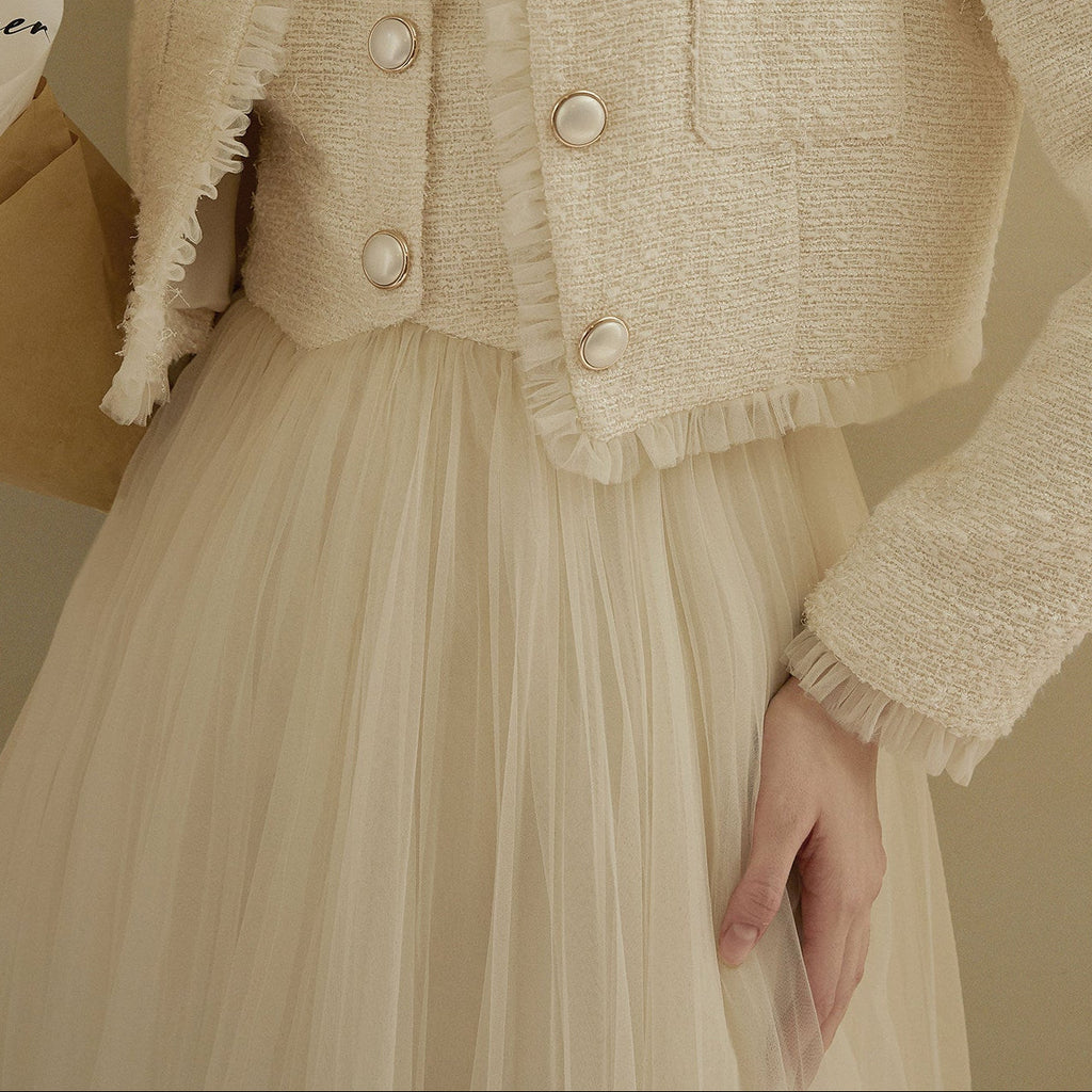 Beige Sleeveless Tulle Midi Dress
