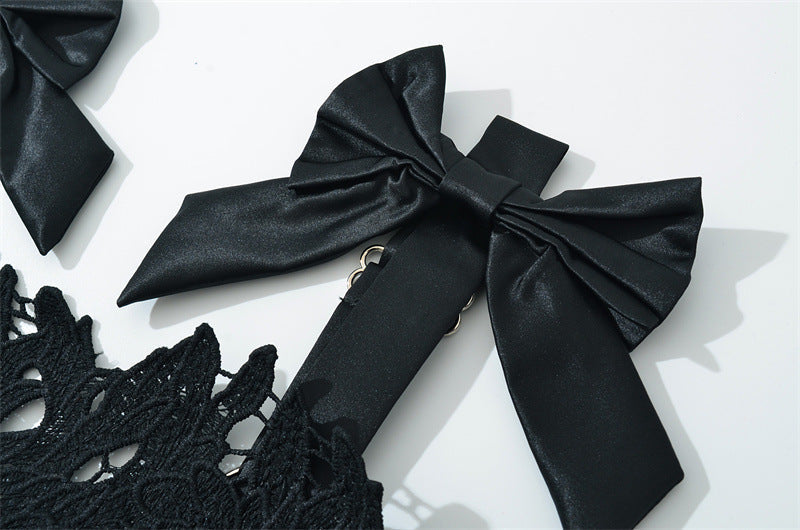 Flowering Girl Women hermosa Bow Strap Embroidered Lace Maxi Dress in black