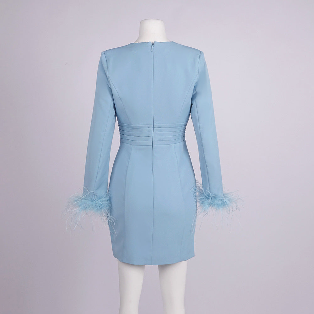 deep V-neck feather sleeve blazer mini dress - Light blue