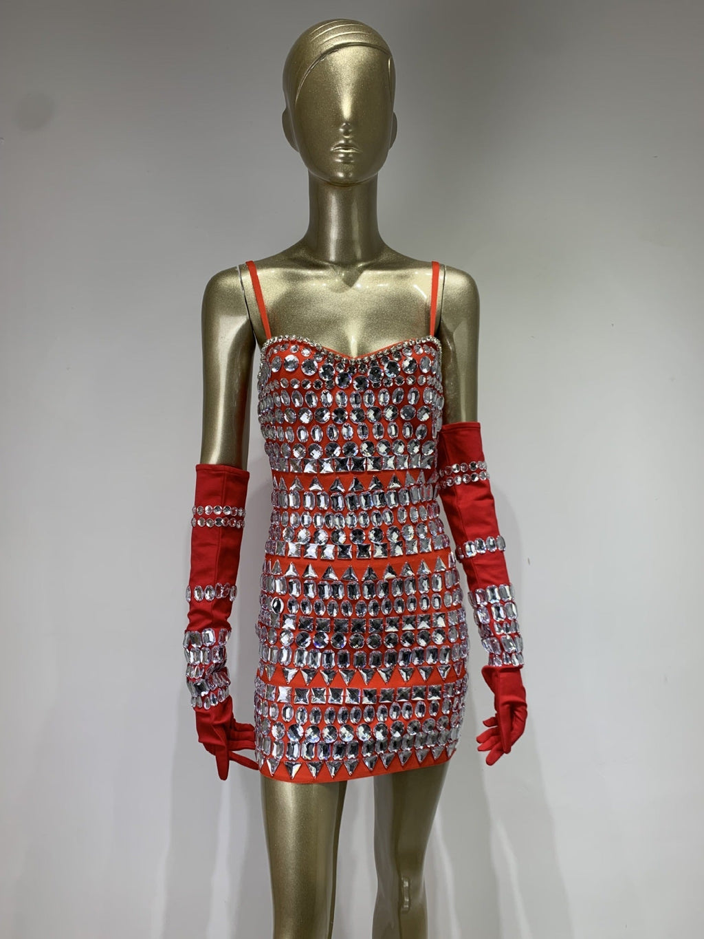 Flowering Girl Women CRYSTAL EMBELLISHED BANDAGE DRESS WITH GLOVES IN RED