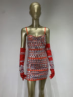 Flowering Girl Women CRYSTAL EMBELLISHED BANDAGE DRESS WITH GLOVES IN RED