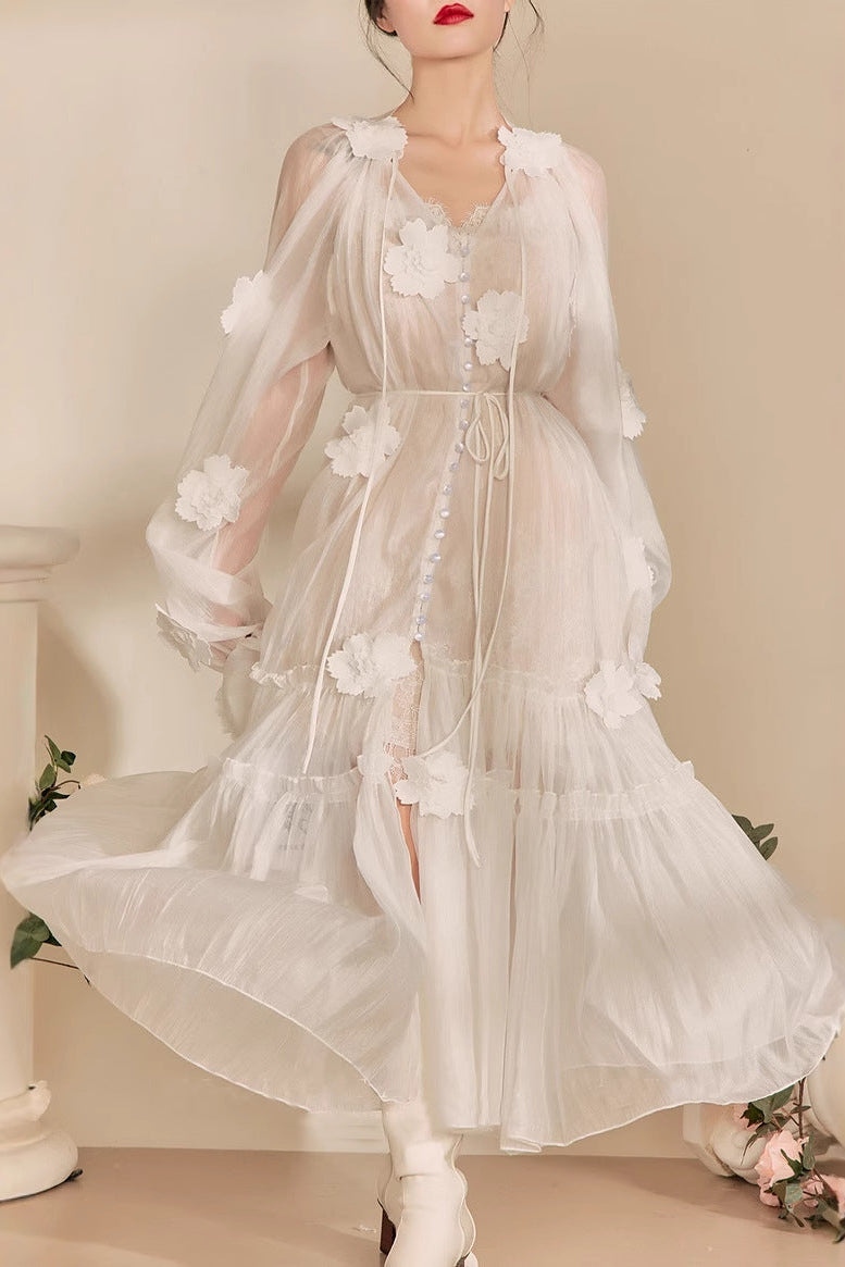 Three-Dimensional Flower Embroidery Lace-Up Maxi Dress