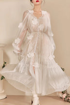 Three-Dimensional Flower Embroidery Lace-Up Maxi Dress