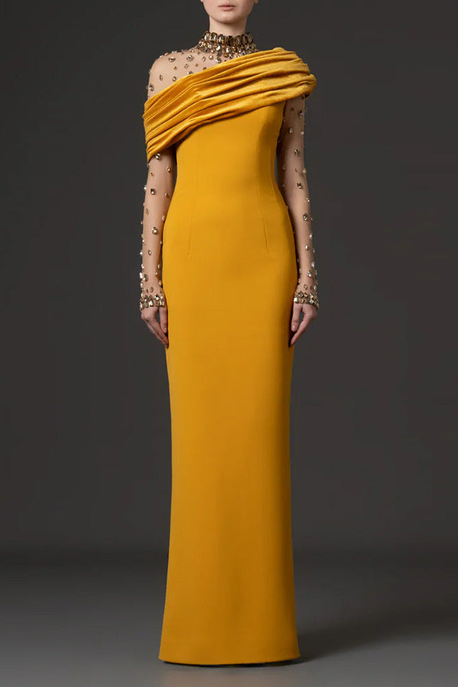 Flowering Girl Women Mesh-paneled beaded rhinestone-embellished maxi dress - yellow