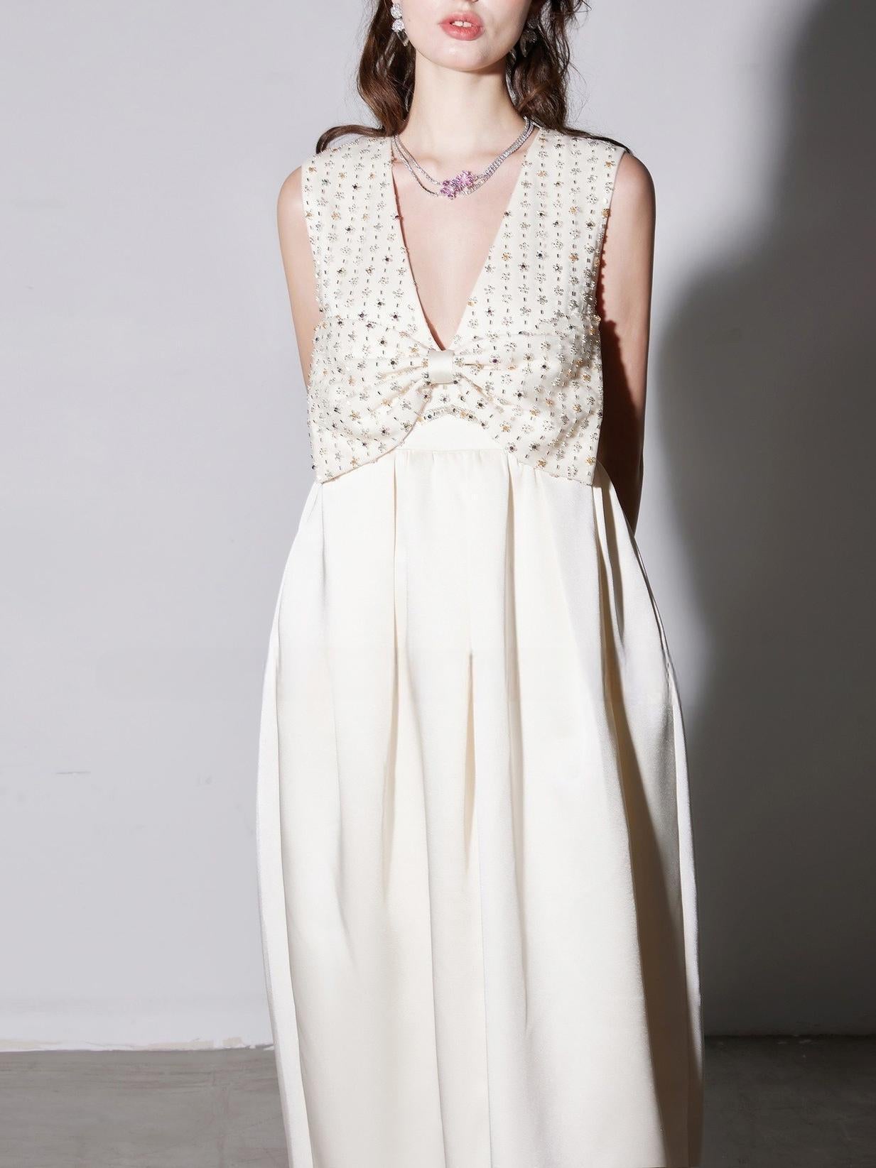 Alva v-Neck Rhinestone Embroidery Satin Maxi Dress In White