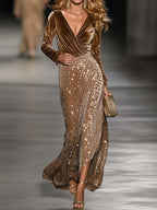 Brown Long-Sleeved V-Neck Maxi Evening Dress
