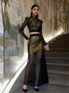 Flowering Girl Women Eudora Gold Sequin Mesh Patchwork Sheer Two-Piece Set