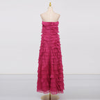 Cathy Pleated Layer Strapless Maxi Dress In Rose Red