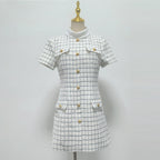 Flowering Girl Women Decorative Buttons Check Mini Dress In White