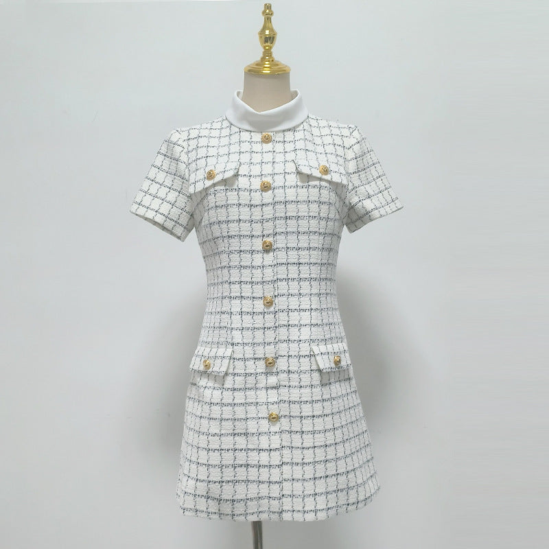 Flowering Girl Women Decorative Buttons Check Mini Dress In White
