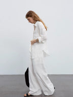Flowering Girl Women white V-neck linen long-sleeved shirt