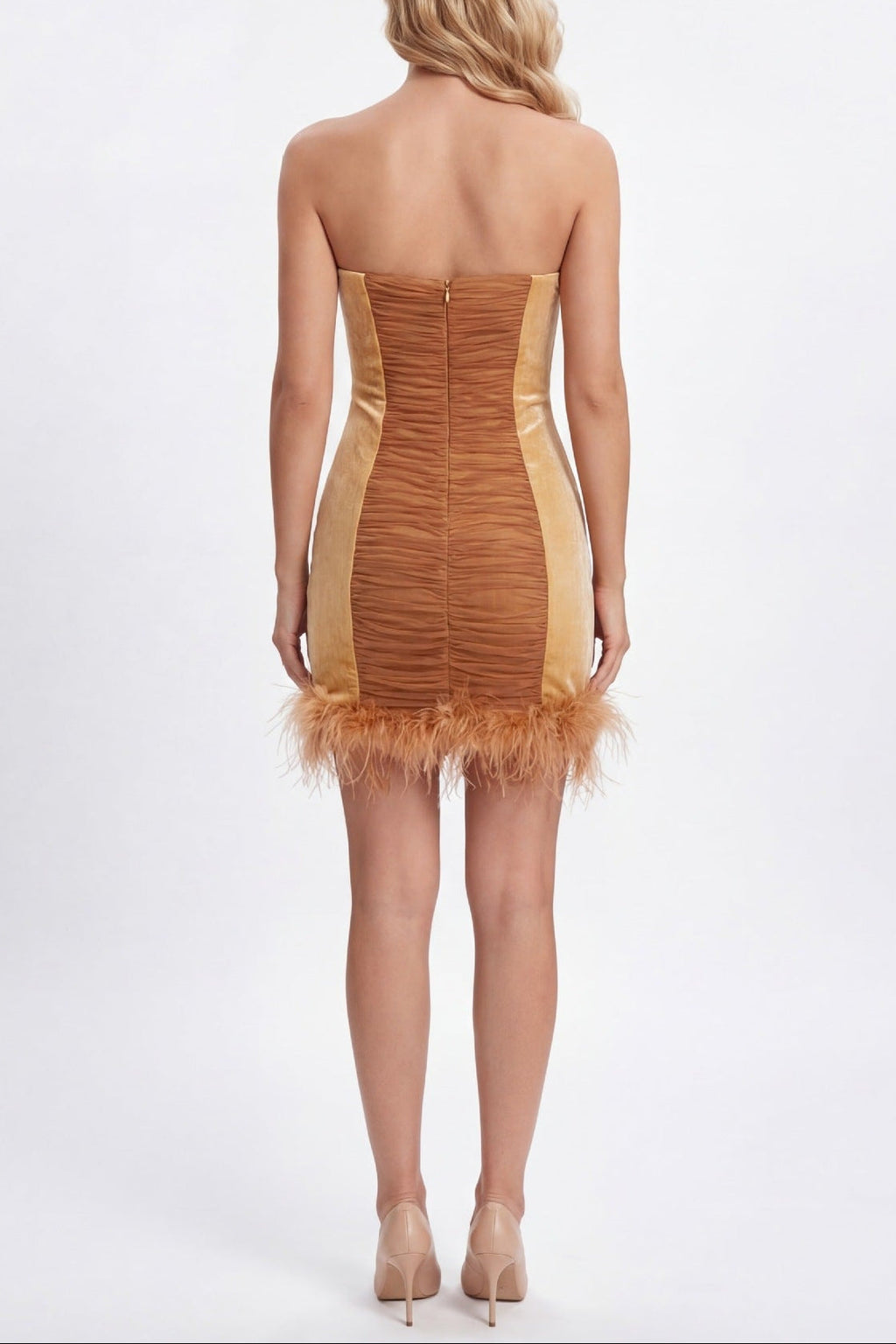 Flowering Girl Women anna rhinestone embellished feather strapless mini dress in pale brown