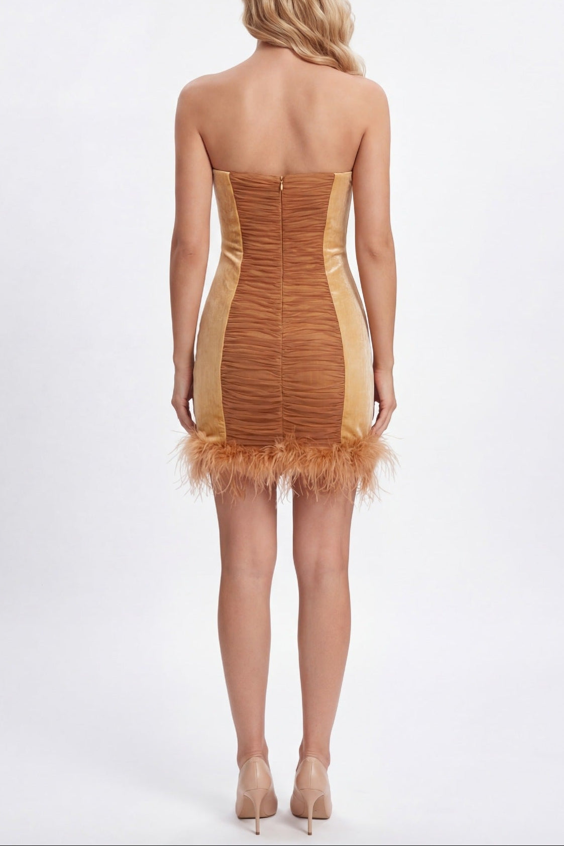Flowering Girl Women anna rhinestone embellished feather strapless mini dress in pale brown