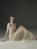 Beige Lace Overlay Collared Maxi Dress with Organza Skirt