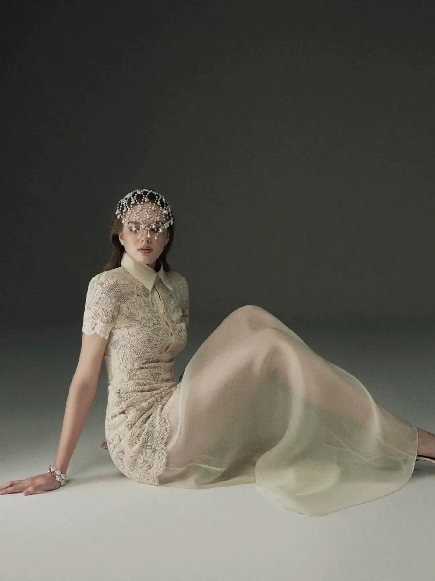 Beige Lace Overlay Collared Maxi Dress with Organza Skirt