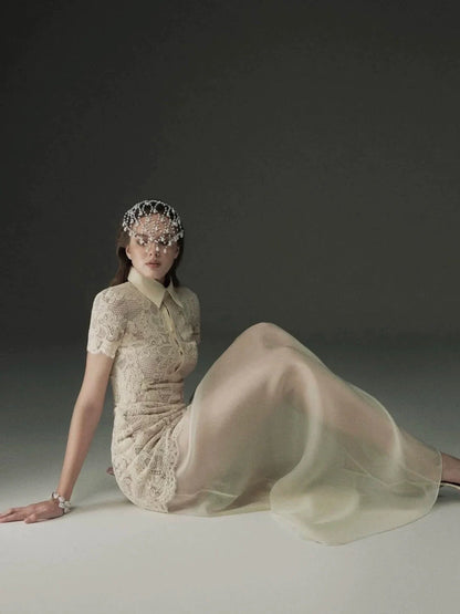 Beige Lace Overlay Collared Maxi Dress with Organza Skirt