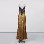 Flowering Girl Women Black Lace Trim Metallic Gold Spaghetti Strap Mermaid Maxi Dress