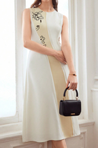 White & Beige Color-Block Floral Embroidered Sleeveless Midi Dress