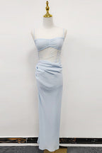 Hollow pleated suspenders with ruffles maxi dress in blue