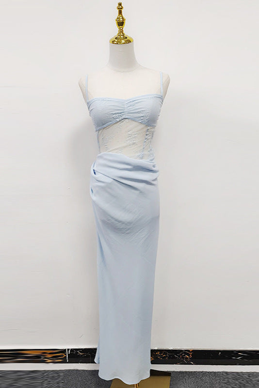 Flowering Girl Women Hollow Pleated Suspenders With Ruffles Maxi Dress In Blue