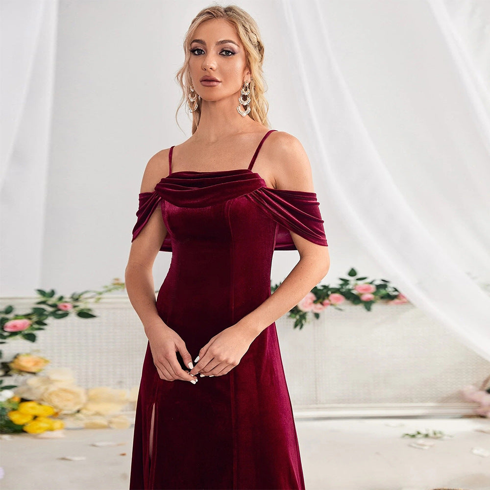 Flowering Girl Women Slit Velvet Off-Shoulder Spaghetti Strap Dress