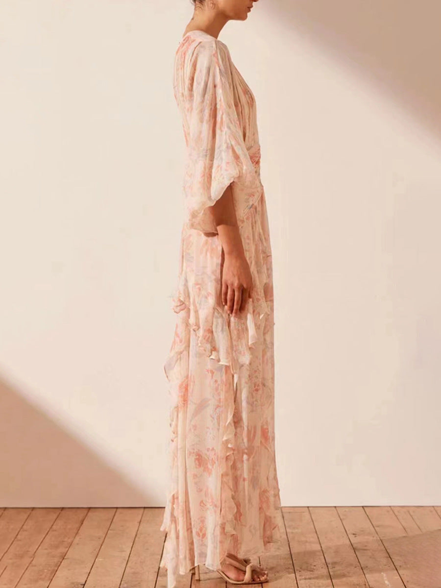 Flowering Girl Women puff long sleeve tiered ruffle hem maxi dress in pink