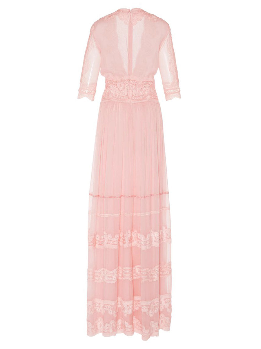 Blush Pink Lace-Trimmed V-Neck Maxi Dress