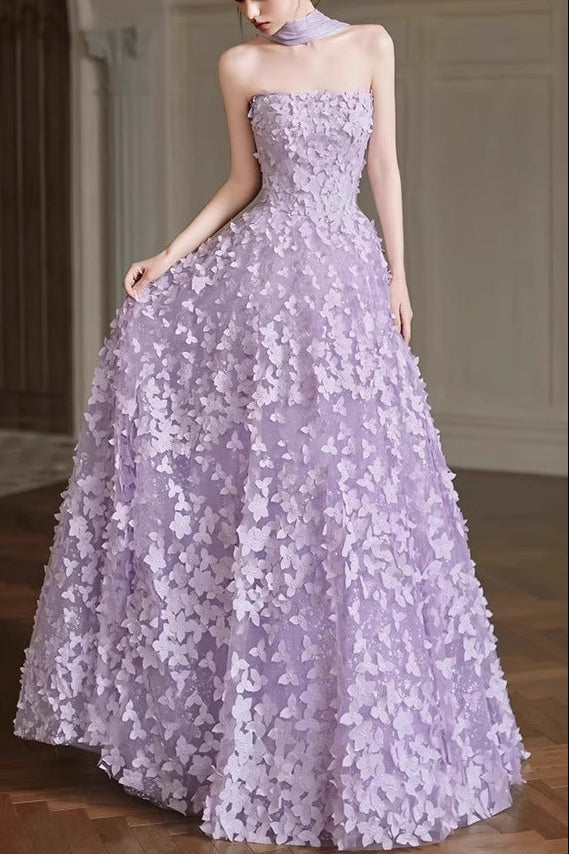 Arlene Floral Strapless Evening Gown - Purple