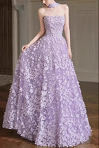 Arlene Floral Strapless Evening Gown - Purple
