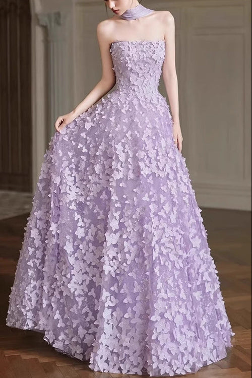 Flowering Girl Women Arlene Floral Strapless Evening Gown - Purple