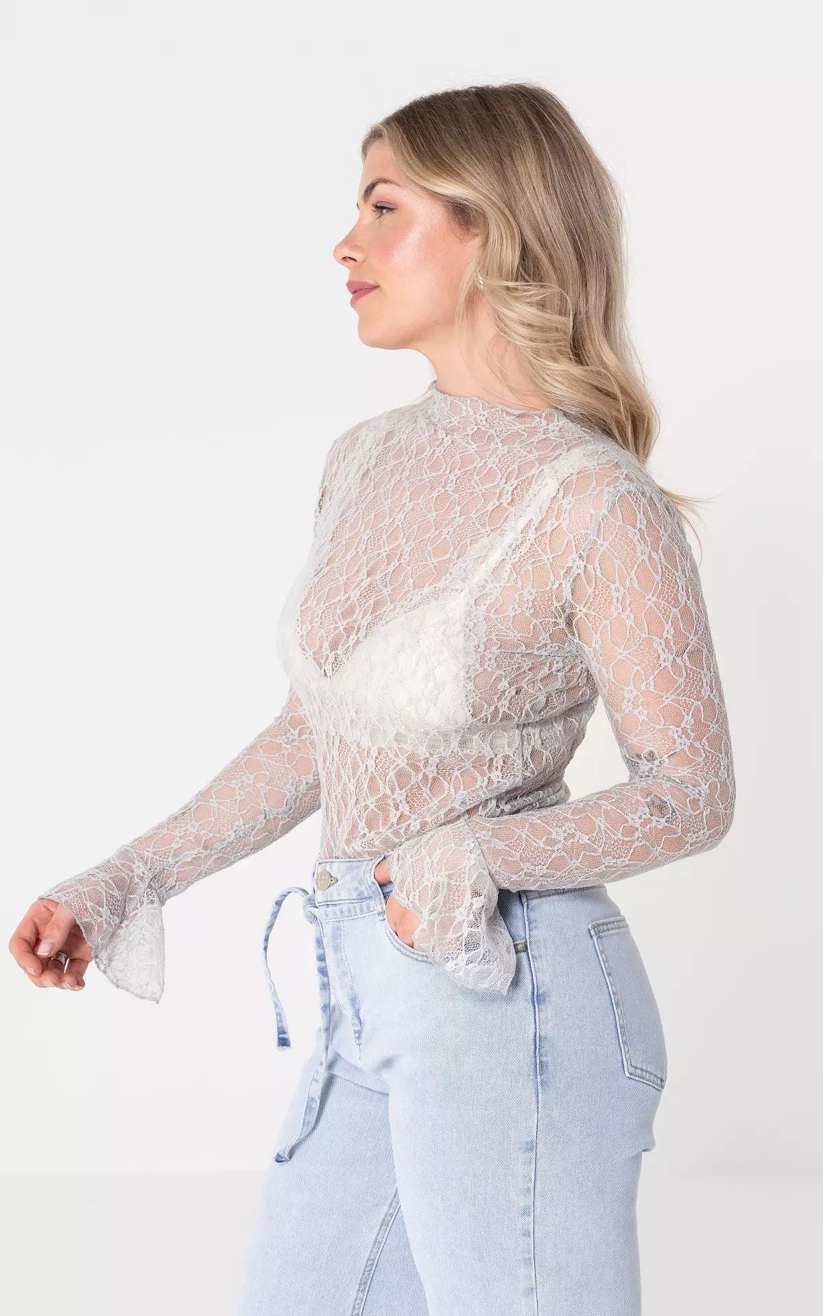 Flowering Girl Women Lace Long-Sleeved Base Shirt See-Through Inner Cut-Out Top