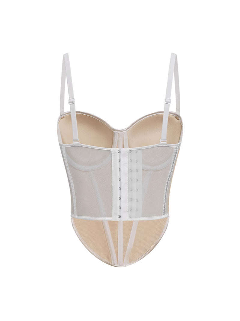 Calista Skin Tone, Fishbone Sexy Mesh Strapless Backless Color-Blocked Waist-Cinching Top